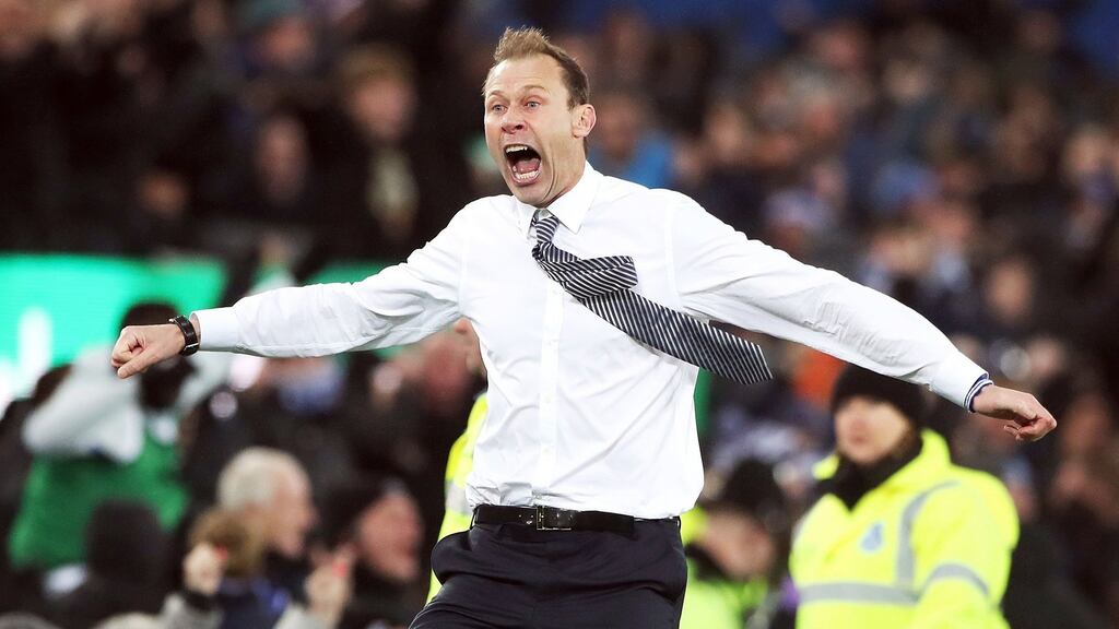 Everton caretaker manager Duncan Ferguson celebrates after Leighton Baines scores his side’s equaliser during the Carabao Cup quarter-final at Goodison Park, Liverpool. Photograph: Nick Potts/PA