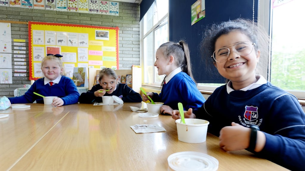 Third class students at Our lady of Lourdes National School in Inchicore, Dublin enjoying their hot lunches. Photograph: Alan Betson