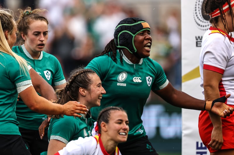 Linda Djougang celebrates Eve Higgins' try against Spain. Photograph: Ben Brady/Inpho