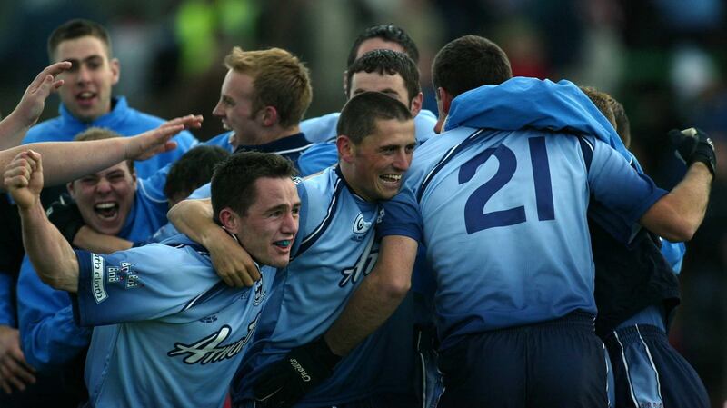 Declan Lally and Alan Brogan lead the Dublin celebrations following the 0-12 to 0-7 victory over Tyrone in the 2003 All-Ireland under-21 final.  Photograph: Lorraine O’Sullivan/Inpho