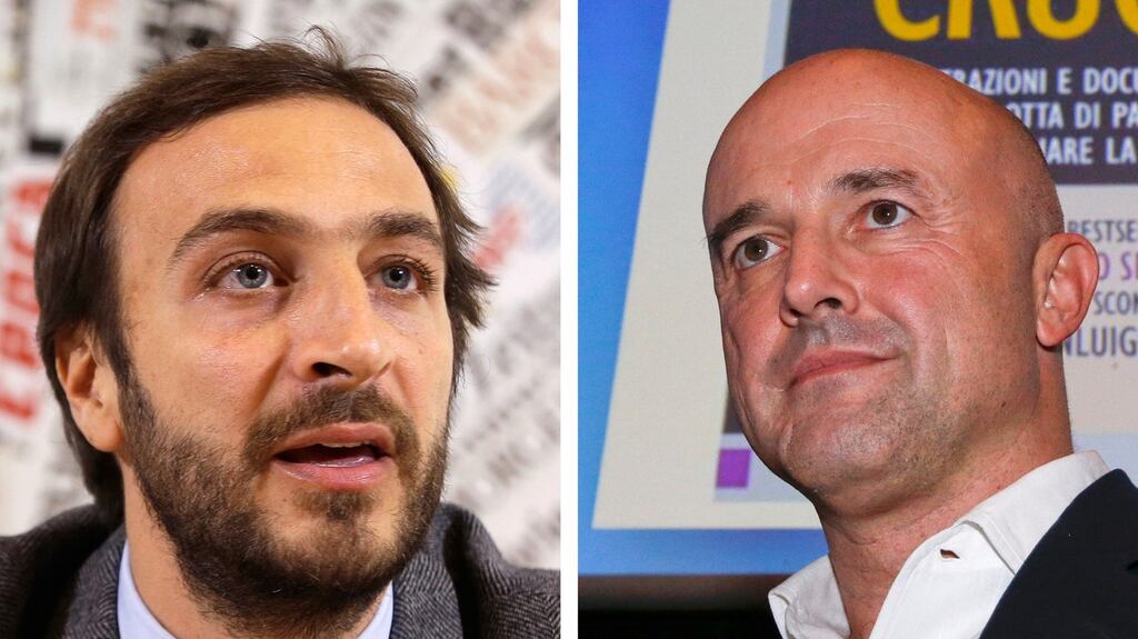 Journalists Emiliano Fittipaldi and Gianluigi Nuzzi, who have been indicted in the latest Vatican scandal involving leaked documents. Photograph: Gregorio Borgia/Luca Brun/AP Photo
