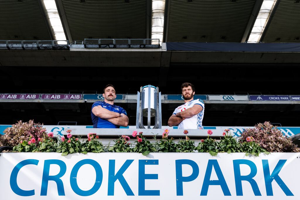Jack Conan, Leinster captain, and his Bulls opposite number Ruan Norté at a photocall at Croke Park ahead of this Saturday's United Rugby Championship final. Photograph: Ben Brady/INPHO