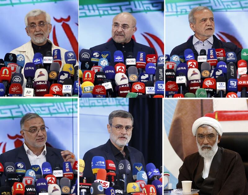 Six presidential candidates: top, Saeed Jalili, Mohammad Bagher Ghalibaf, Masoud Pezeshkian; and, bottom, Alireza Zakani, Mostafa Pourmohammadi and Amir-Hossein Ghazizadeh Hashemi. Photograph: Abedin Taherkenareh/EPA