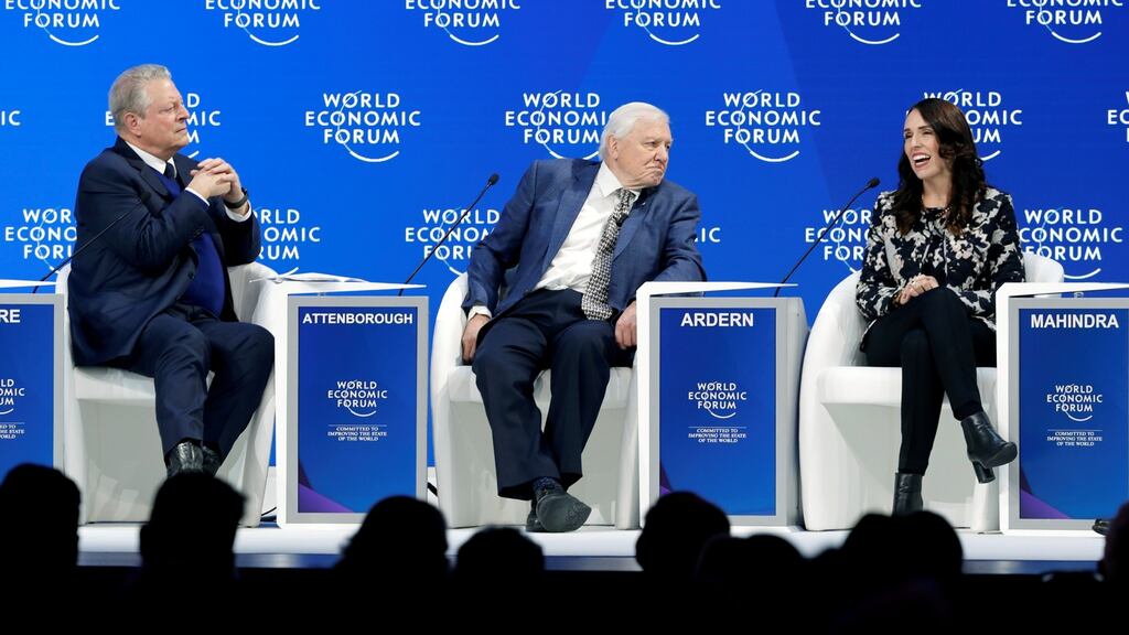 Al Gore, former US vice president and Climate Reality Project Chairman, naturalist Sir David Attenborough, and New Zealand’s prime minister Jacinda Ardern at the World Economic Forum in Davos, Switzerland on Tuesday. Photograph: REUTERS/Arnd Wiegmann