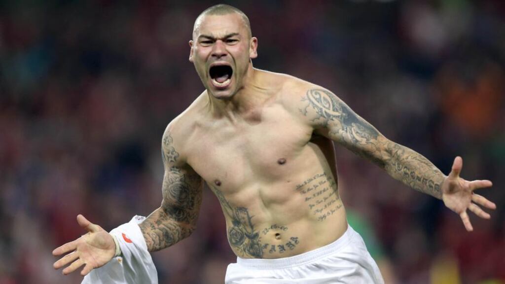 Sligo’s Anthony Elding celebrates his winner in injury time against Drogheda United. Photograph: Donall Farmer/Inpho