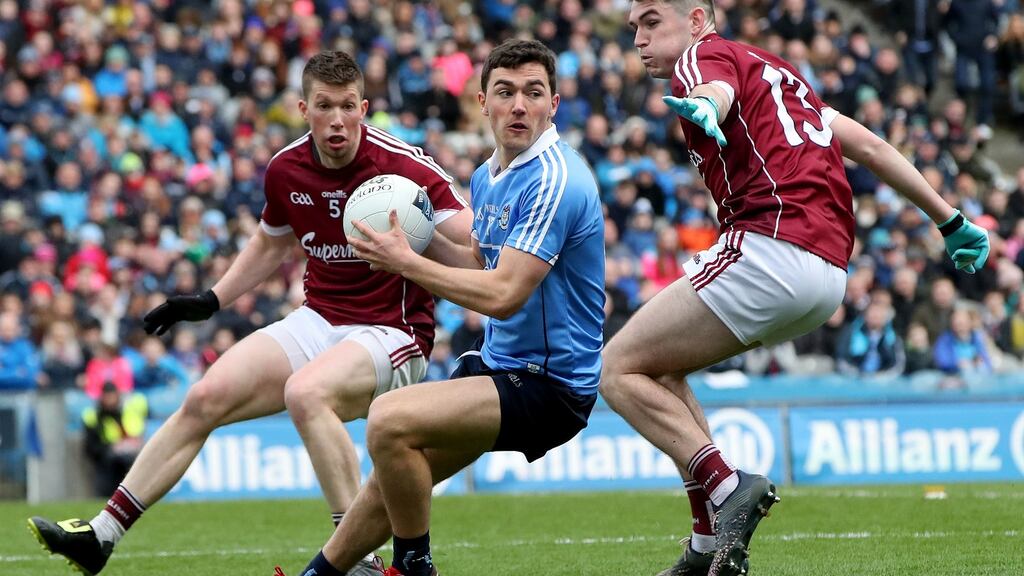 Dublin’s Shane Carthy with Gareth Bradshaw and Barry McHugh of Galway during last year’s Allianz League final at Croke Park. Panel strength has allowed Dublin to try out different players and continue to win. Photograph: Bryan Keane/Inpho