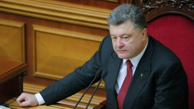 Ukrainian president Petro Poroshenko before this morning’s vote in the Ukrainian Parliament in Kiev. Ukraine’s parliament has ratified a landmark agreement on political association and trade with the European Union, the rejection of which last November by then president Viktor Yanukovich led to his downfall. Photograph: Sergey Dolzhenko/EPA