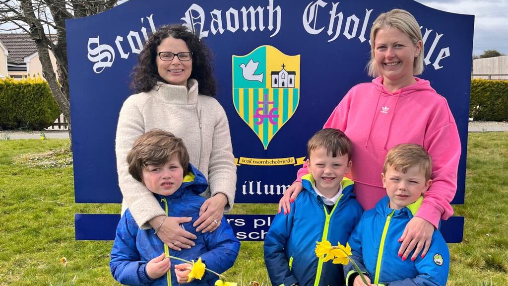 Renee and Shay Finegan (left) with Lisa, Jamie and Cillian Kelly at Scoil Naomh Colmcille in Togher, Co Louth: SNAs are not allocated to individual children but to schools as a school-based resource.