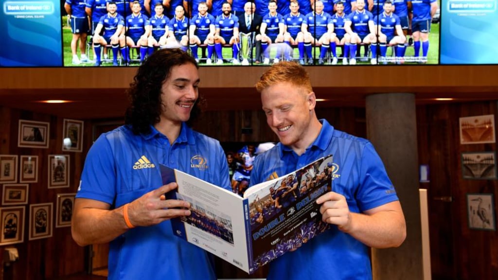 Leinster players James Lowe (left) and James Treacy at the launch of a picutre diary charting Leinster Rugby’s historic double winning season, on Monday, November 19th Photograph: Sam Barnes/Sportsfile