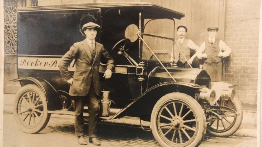 Becker Brothers: Their first delivery van was a Model T Ford of vintage circa 1916, shown here with the driver and two of the storemen