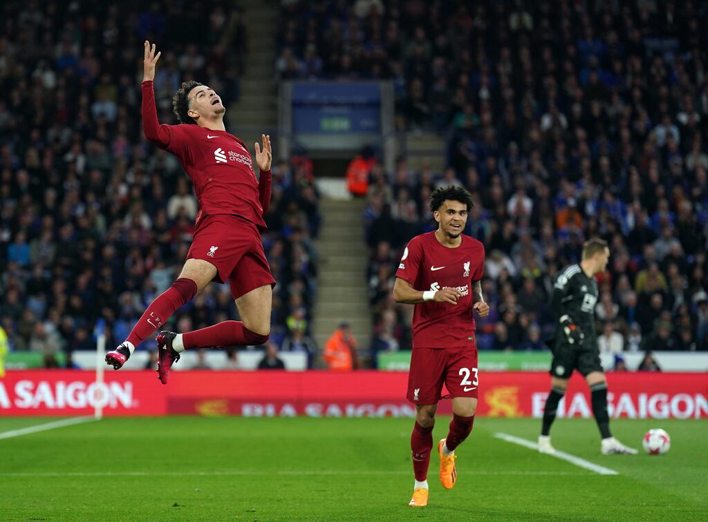 Curtis Jones celebrates scoring Liverpool's second goal during the Premier League match against Leicester City at the King Power Stadium. Photograph: Tim Goode/PA Wire