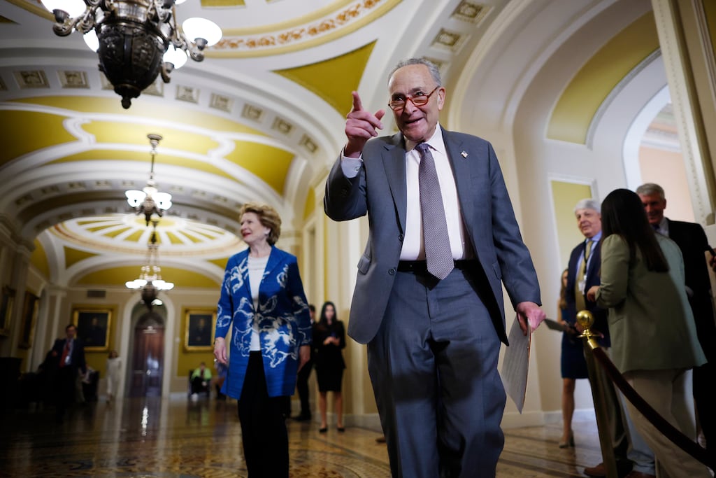 Senate Majority Leader Charles Schumer at the US Capitol in Washington, DC on Thursday, following a meeting of Republican and Democratic congressional leaders with President Joe Biden to continue negotiations on  how to raise the debt limit.  (Photo by Chip Somodevilla/Getty Images)