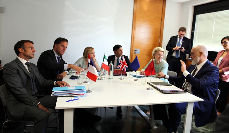 Emmanuel Macron, Mark Rutte, Giorgia Meloni, Rishi Sunak, Ursula von der Leyen and Edi Rama: The six leaders jointly vowed to support each other 'to tackle the challenges of irregular migration'. Photograph: Miriam Lucena/PA Wire