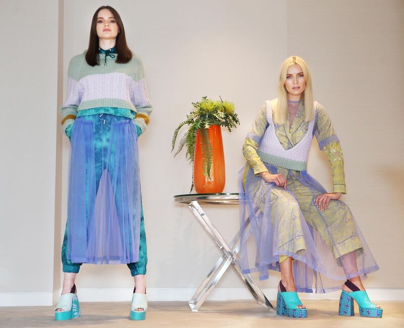 Create 2019: Teodora Sutra wears an embroidered shirt (€845), printed trousers (€575), tulle dress (€325) and cropped V-neck top (€785) by Katie Ann McGuigan; and Maria Traynor wears a tie-dye hoody (€285), joggers (€265), cropped knit (€785) and tulle dress (€325) by Katie Ann McGuigan. Photograph: Leon Farrell/Photocall