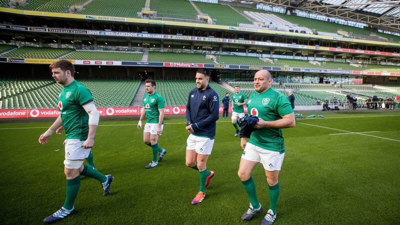Iain Henderson, Niall Scannell, Conor Murray and Rory Best at the Captain’s Run at the Aviva stadium. Photograph: Ryan Byrne/Inpho