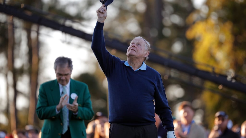 Jack Nicklaus tips his hat to the sky in honour of the late Arnold Palmer as Augusta chairman Billy Payne applauds before Nicklaus teed off during the start of the 2017 Masters. Photograph: Lucy Nicholson/Reuters