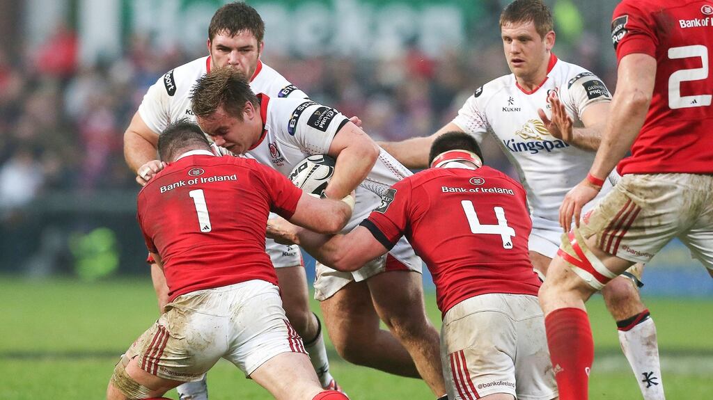 Ulster’s Kyle McCall in action against Munster’s Dave Kilcoyne. Photograph: Matt Mackey/Presseye/Inpho