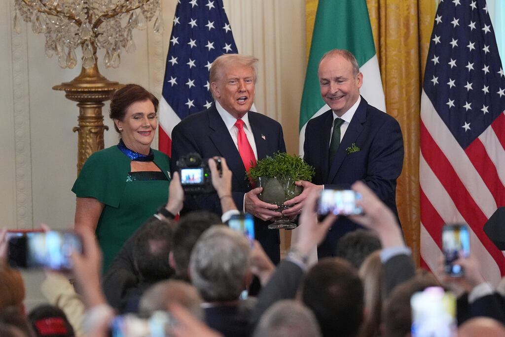 Taoiseach Micheál Martin (right) and US president Donald Trump during the St Patrick's Day Shamrock Ceremony in the East Room of the White House last week. Photograph: PA