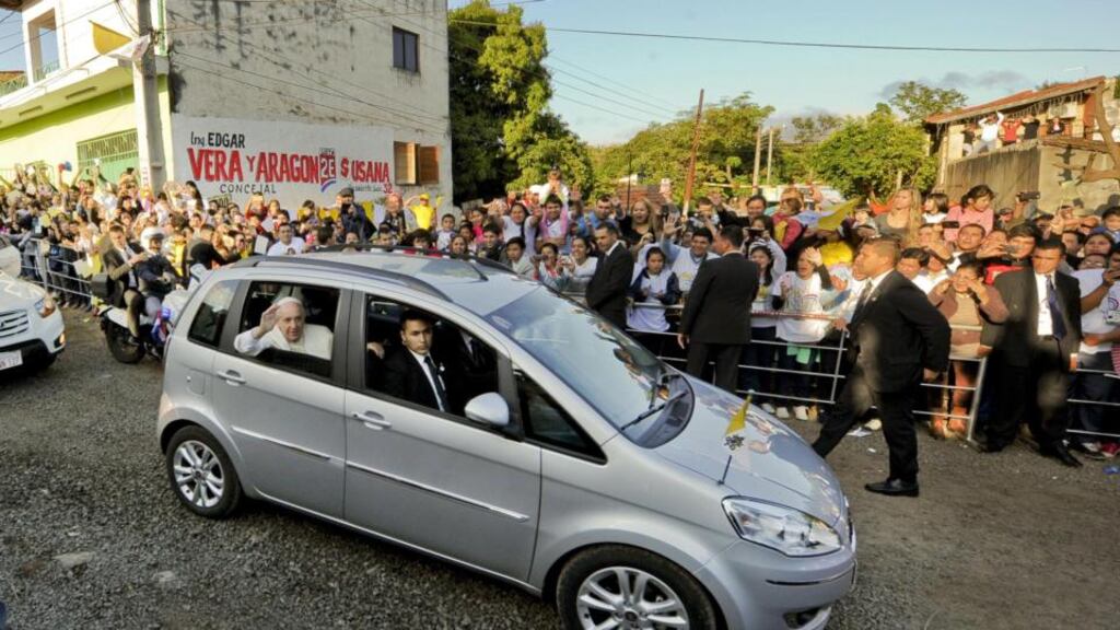 Pope Francis arrives in Banado Norte, near Asuncion, Paraguay, on Sunday. Photograph: Ciro Fusco/EPA