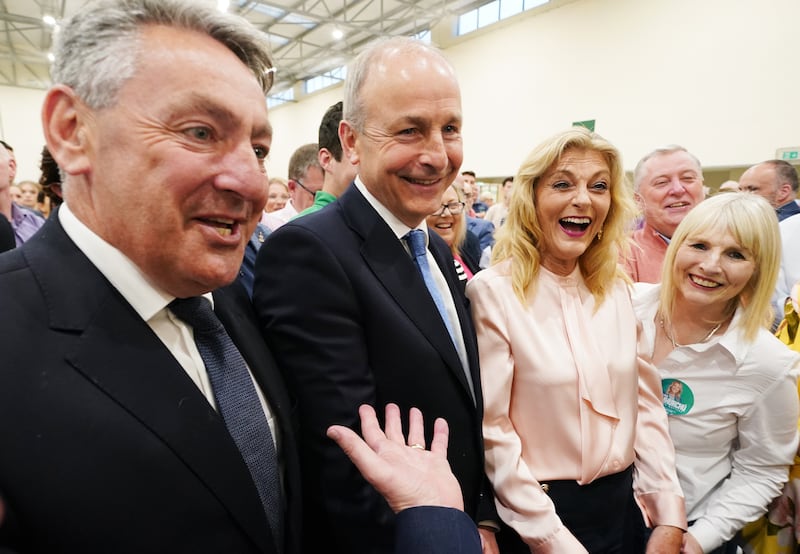 Billy Kelleher, Tánaiste Micheál Martin and Cynthia Ní Mhurchú: Cynthia will be Billy’s political companion in Brussels and Strasbourg for the next five years. Photograph: Brian Lawless/PA