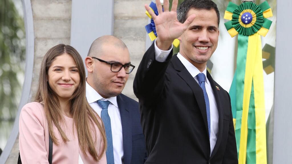 Juan Guaidó and his wife Fabiana Rosales arrive at the EU delegation office in Brasília on Thursday. Photograph: Andre Coelho/Bloomberg