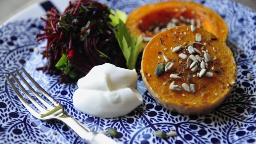 Butternut squash ‘steaks’ with labneh. Photograph: Aidan Crawley