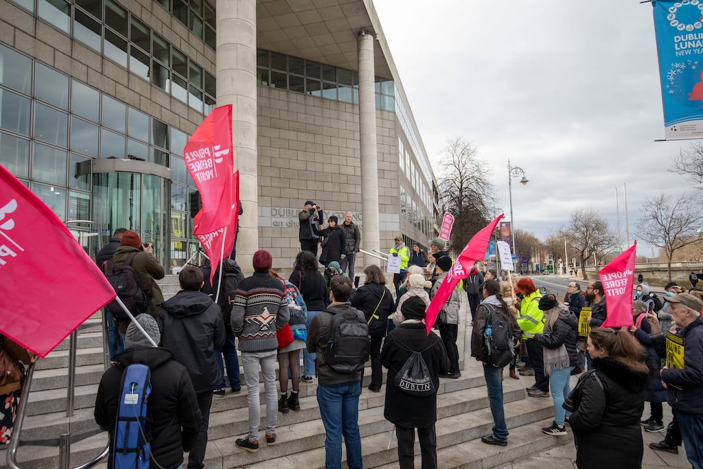 Protesters call for an extension of the eviction ban outside Dublin City Council offices on Wood Quay, Dublin, in early February. Photograph: Tom Honan