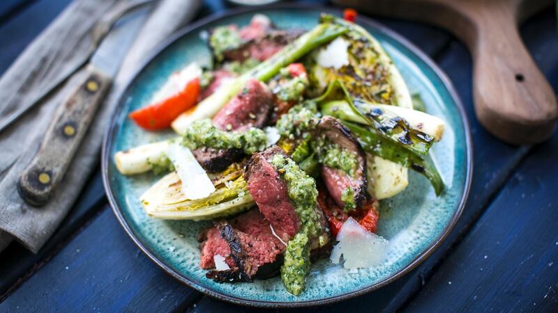 Griddled Skirt Steak with Griddled Gem, Spring Onions & Chimichurri Sauce