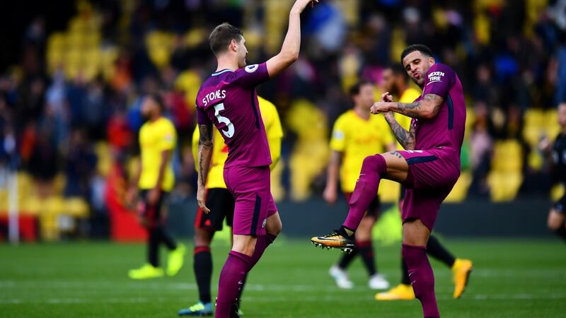 Kyle Walker (R) was one of three fullbacks signed by Pep Guardiola during the summer. Photograph: Dan Mullan/Getty