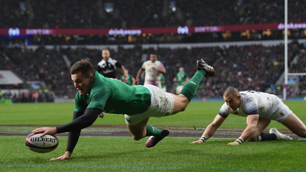 Jacob Stockdale scores his memorable try at Twickenham last season. Photograph: Shaun Botterill/Getty Images