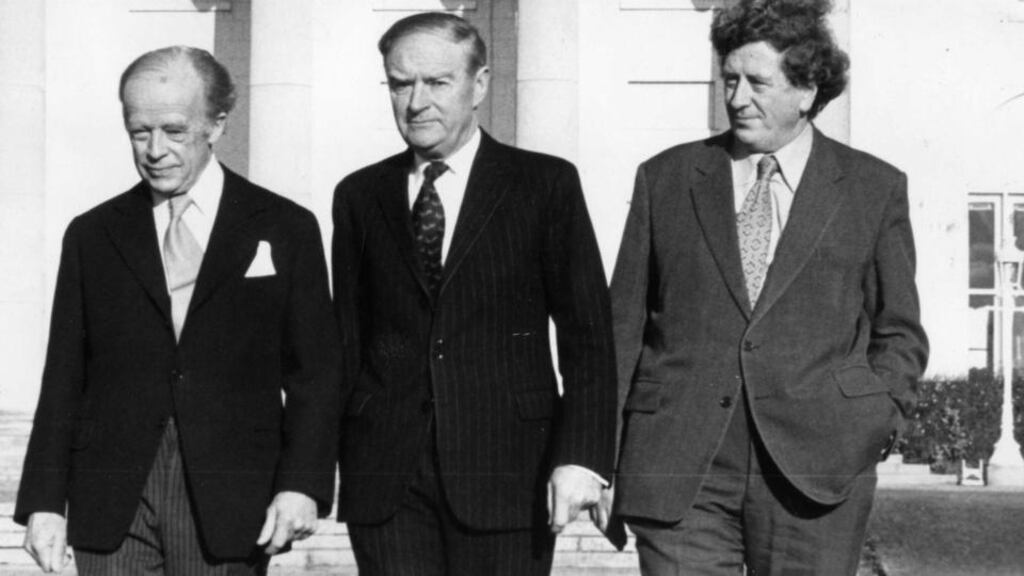 President Erskine Childers with taoiseach Liam Cosgrave and Minister for Foreign Affairs Garret FitzGerald at Áras an Uachtaráin in 1974. The then the US ambassador to Ireland, John DJ Moore, was surprised Cosgrave appointed FitzGerald to foreign affairs and not finance, according to documents leaked by WikiLeaks