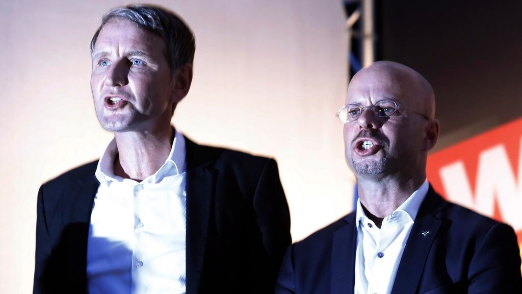 AfD members Andreas Kalbitz (R) and Bjoern Hoecke (L) are seen in Koenigs Wusterhausen, Germany, in August 2019. Photograph: Felipe Trueba/EPA