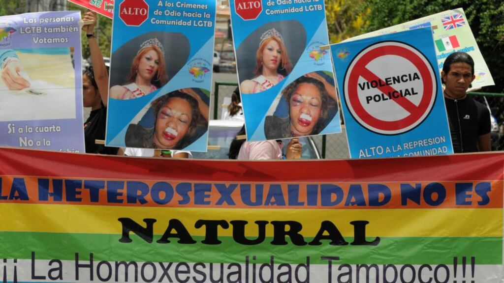 Colectivo Lesbico, Gay, Trans y Bisexual protest against police abuse in Tegucigalpa ahead of the celebration of the International Day Against Homophobia. Photograph: Orlando Sierra/AFP/Getty Images