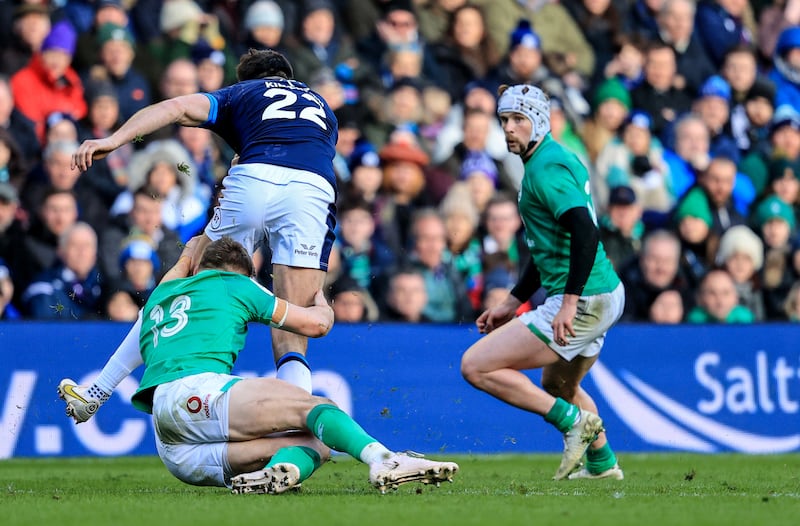 Garry Ringrose embraced the low, power tackle technique but just as he accelerated into contact Blair Kinghorn shifted his body slightly and it was an accidental head on hip collision. PhotographL Dan Sheridan/Inpho