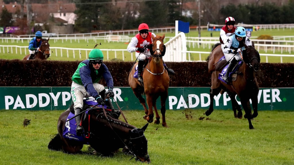 Ballybrowney Walk falls at the last fence under Paul Townend during the ‘Club 30 Membership’ Handicap Steeplechase at Leopardstown on Monday. Photograph: Ryan Byrne/Inpho
