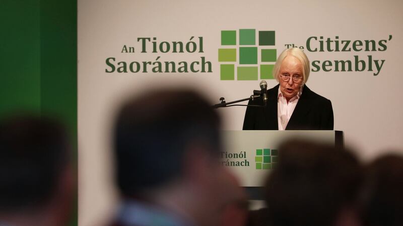 Mary Laffoy, chair of the Citizens’ Assembly, at the assembly’s final meeting on April 22nd on the topic of the Eighth Amendment to the Constitution. Photograph: Nick Bradshaw