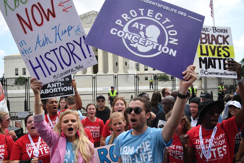 Anti-abortion supporters celebrate outside the US Supreme Court as it overturned the landmark 1973 Roe v Wade decision that enshrined a woman's right to an abortion and said individual states can permit or restrict the procedure themselves. Photograph: Olivier Douliery/ AFP via Getty