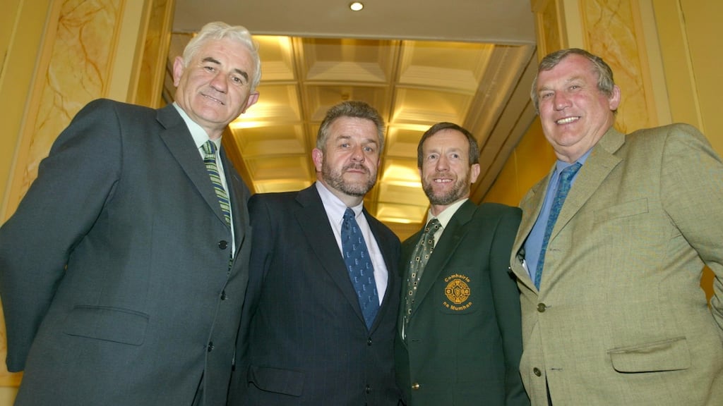 PJ McGrath (left) pictured with fellow candidates for the GAA presidency in 2002, Albert Fallon, eventual winner Seán Kelly and Séamus Aldridge. Photograph: Andrew Paton/Inpho