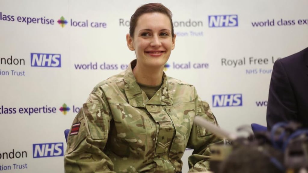 Corporal Anna Cross (25), during a press conference at London’s Royal Free Hospital. Ms Cross has been discharged from the hospital after being declared free from Ebola. Photograph: Philip Toscano/PA Wire