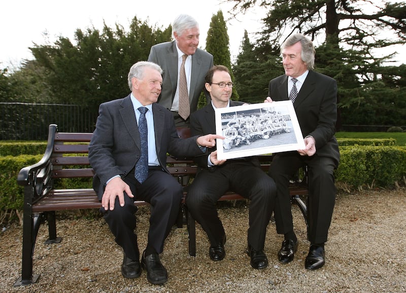 Former Republic of Ireland internationals Don Givens and Johnny Giles with Northern Ireland's Martin O'Neill and Pat Jennings who all played on the 'All Ireland Shamrock Rovers XI' against Brazil on July 3rd 1973. Photograph: Lorraine O'Sullivan/Inpho