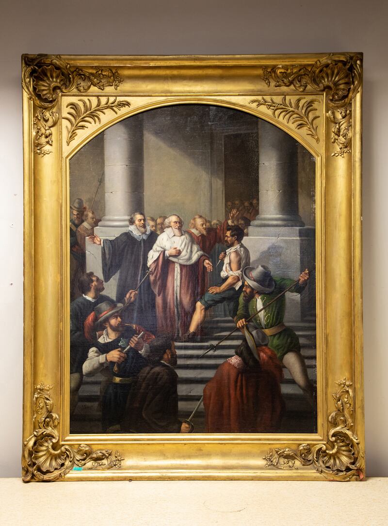 Undated handout image issued by Franciscan Brothers of The Inquisition, a 19th century oil on canvas, which has an estimate of 2000-4000 euro, which will form part of a sale of 800 ecclesiastical lots valued at 200,000 euro to help refurbish accommodation for Ukrainian refugees. Issue date: Sunday May 7, 2023. PA Photo. The items were cleared out of the Franciscan College in Gormanston, Co Meath as well as friaries in Athlone, Co Westmeath and Clonmel, Co Tipperary. The collection includes mid-century furniture, ecclesiastical art, brassware, school benches, pews and a full-sized mahogany billiards table which has a guide price of up to 2,000 euro. See PA story IRISH Auction. Photo credit should read: Michael Donnelly/PA Wire
NOTE TO EDITORS: This handout photo may only be used in for editorial reporting purposes for the contemporaneous illustration of events, things or the people in the image or facts mentioned in the caption. Reuse of the picture may require further permission from the copyright holder.