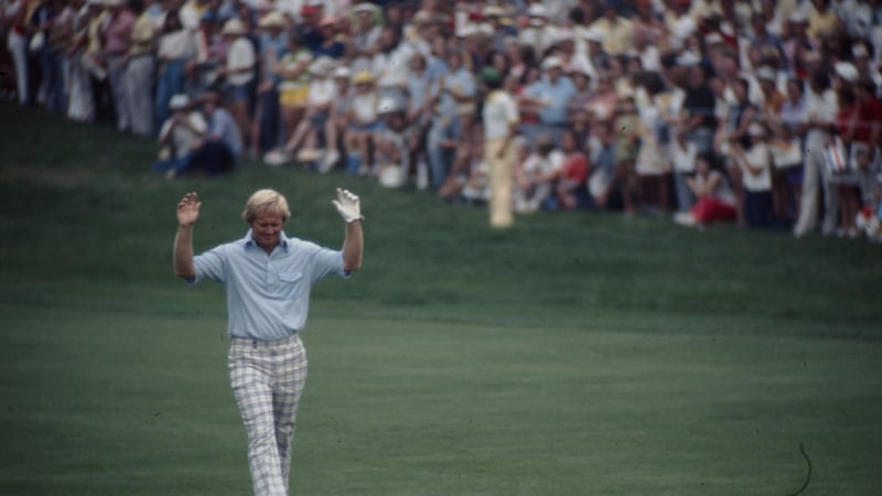 Jack Nicklaus acknowledges the crowds at Firestone Country Club on his way to winning the 1975 US PGA Championships. Photograph:  Walt Disney Television via Getty Images