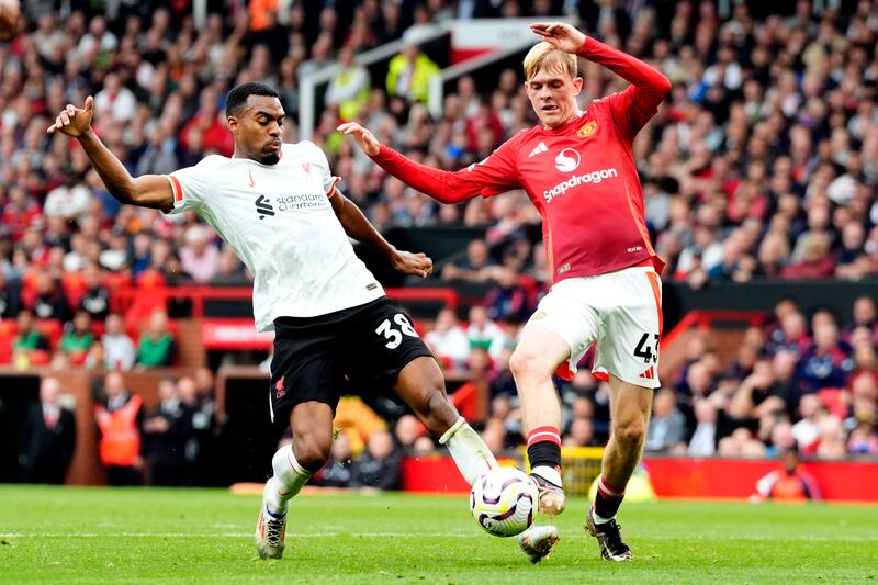 Liverpool's Ryan Gravenberch battles for possession of the ball with Manchester United's Toby Collyerduring the Premier League match at the weekend which the Anfield outfit won 0-3. Photograph: Nick Potts/PA