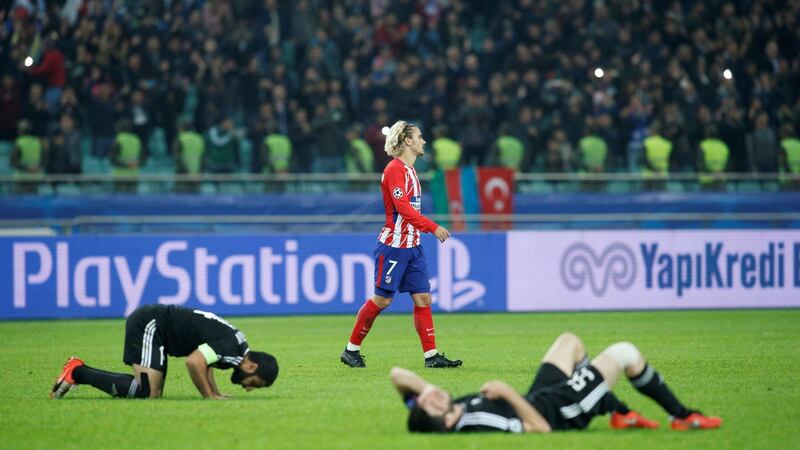 Antoine Griezmann at full-time in Atletico’s draw with Qarabag. Photo: David Mdzinarishvili/Reuters