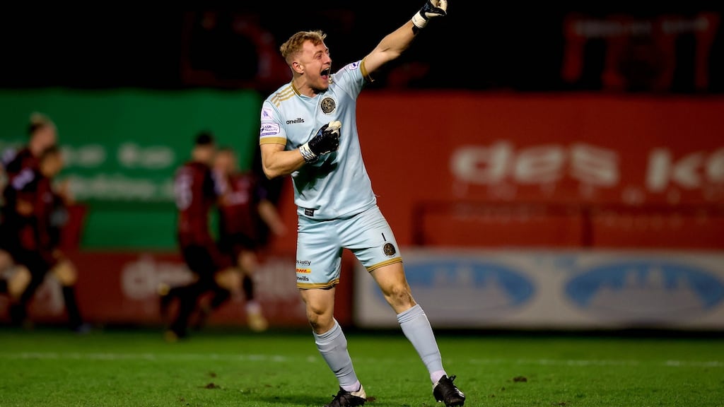 Bohemians goalkeeper James Talbot celebrates his side’s third goal during the SSE Airtricity League Premier Division matchs against Shamrock Rovers at Dalymount Park. Photograph: Ryan Byrne/Inpho