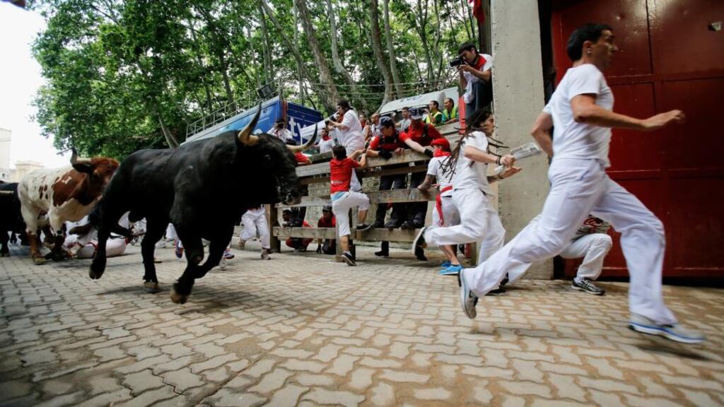 Revellers run with Fuente Ymbro’s fighting bulls entering the bullring during the eighth day of the San Fermin Running Of The Bulls festival in Pamplona, Spain. Photograph: Pablo Blazquez Dominguez/Getty Images.
