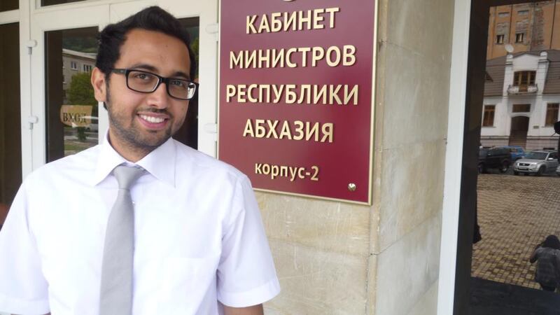 Milad Gogua outside his new workplace, the foreign ministry of Abkhazia, a separatist region that has broken away from Georgia. Photograph: Dan McLaughlin