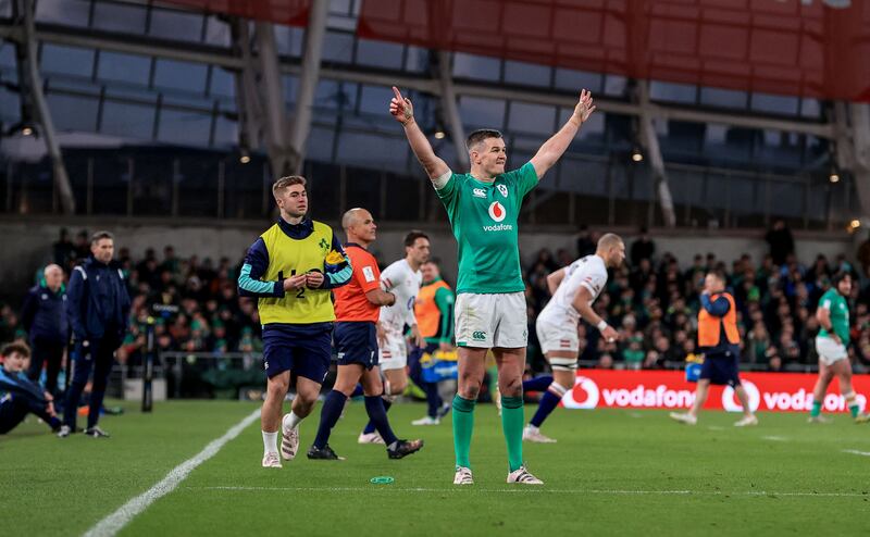 Johnny Sexton celebrates kicking a conversion. It was the long-serving Irish outhalf's final Six Nations game. Photograph: Dan Sheridan/Inpho