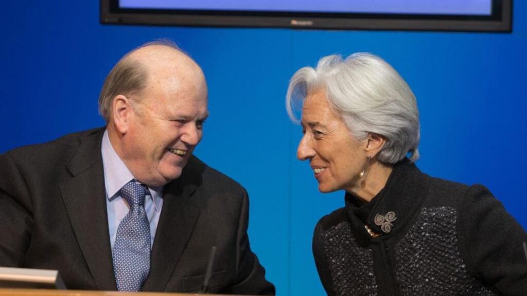 Minister for Finance Michael Noonan and IMF managing director Christine Lagarde in Dublin earlier this year.The Government has paid off a further €3.5 billion of its IMF debt as part of an early repayment plan. Photograph: Gareth Chaney Collins