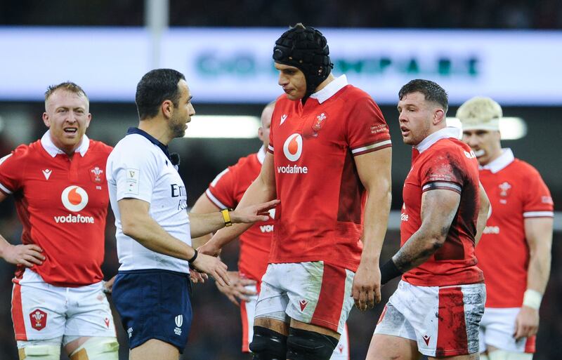 Wales's Dafydd Jenkins shares his thoughts with referee Mathieu Raynal the Wales-Italy Six Nations clash in Cardiff. Photograph: Ian Cook - CameraSport via Getty Images